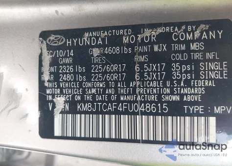 2015 Hyundai Tucson Gls from USA, damaged, VIN KM8JTCAF4FU048615